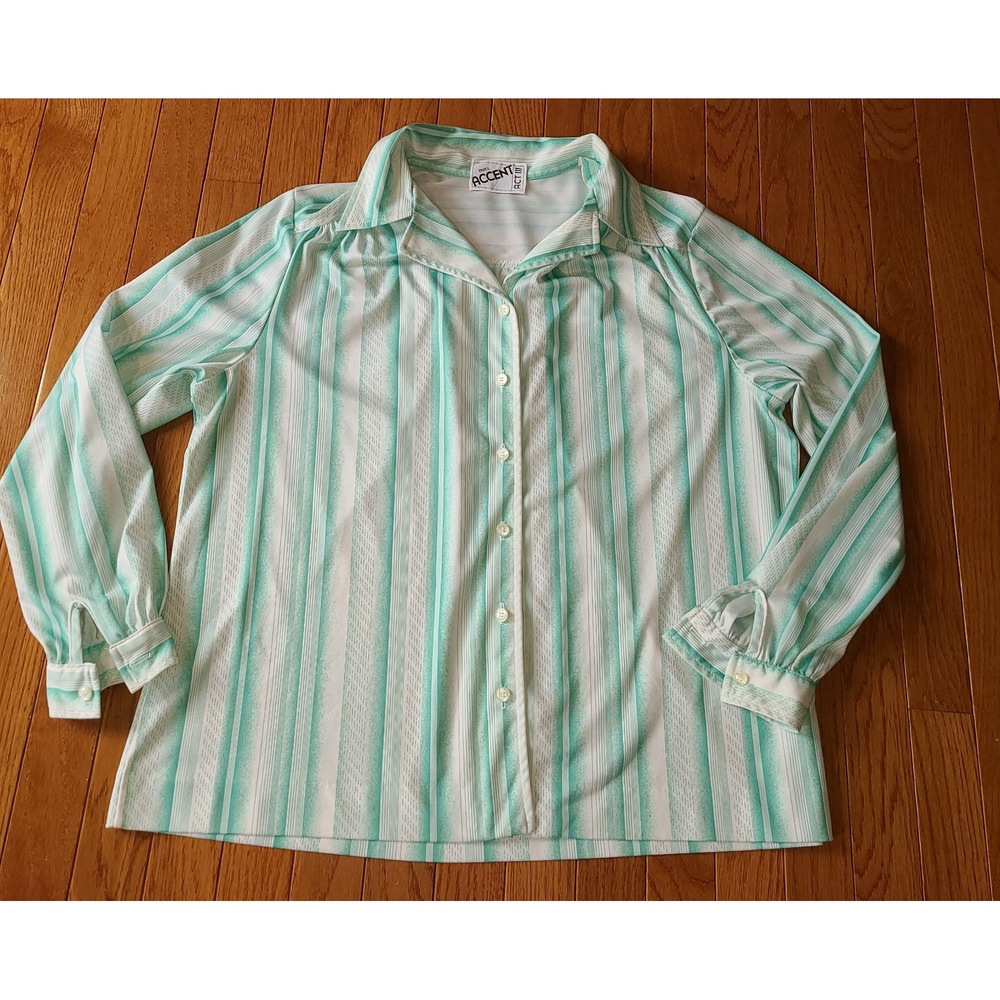 70s Miss Accent Act Women's Green White Short Sleeve Button Up Polyester Med